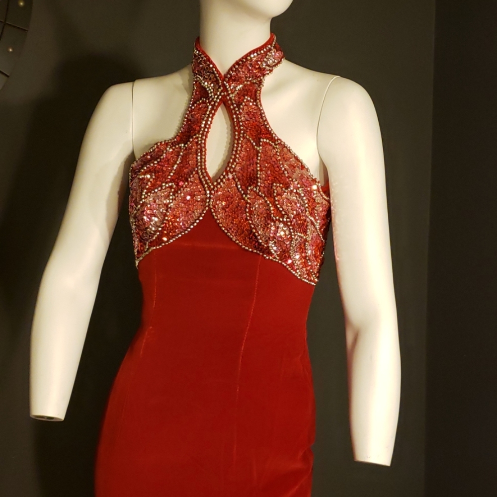 Red evening gown with sequin detail